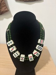 Double Stranded Eight Mini Mahjong Tile Necklace With Jade Beads Handmade
