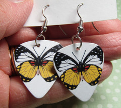 Guitar Pick Butterfly Yellow White Design Dangle Handmade Silver Earrings
