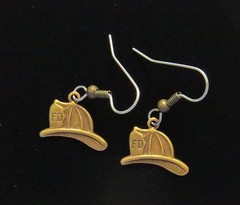 Firefighter Hat Earrings Antiqued Brass Fireman Smoke Jumper Fire Fighter