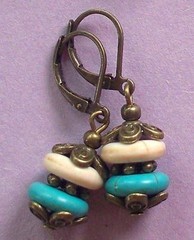Blue White HOWLITE roundels drop earring Bronze LEVERBACK artisan
