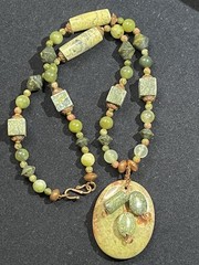 UNAKITE JASPER Pendent..green, Pendent Oval 1.75” Strung On Copper&Jasper Beads