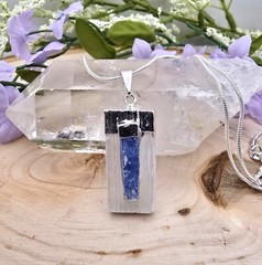 Natural Raw Selenite Spar and Kyanite Pendant Necklace 16″ 18″ or 20″ 925 Silver