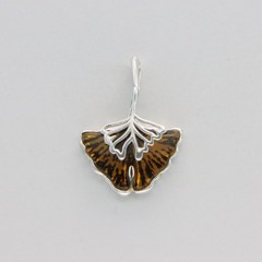 Black & Yellow BALTIC AMBER Ginko Pendant 925 STERLING SILVER Necklace #2179e