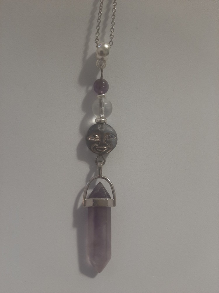 Genuine AMETHYST DT Crystal CLEAR QUARTZ Beads Glass Moon Face Pendant Necklace