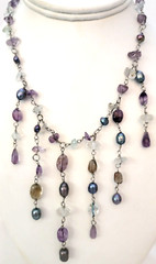 Artisan Amethyst Quartz Chips Gray Freshwater Pearls Wire Silver Plated Necklace