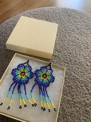 Handmade Beaded Dangle Earrings In Colorful Blues and Yellow 3 Inches. New