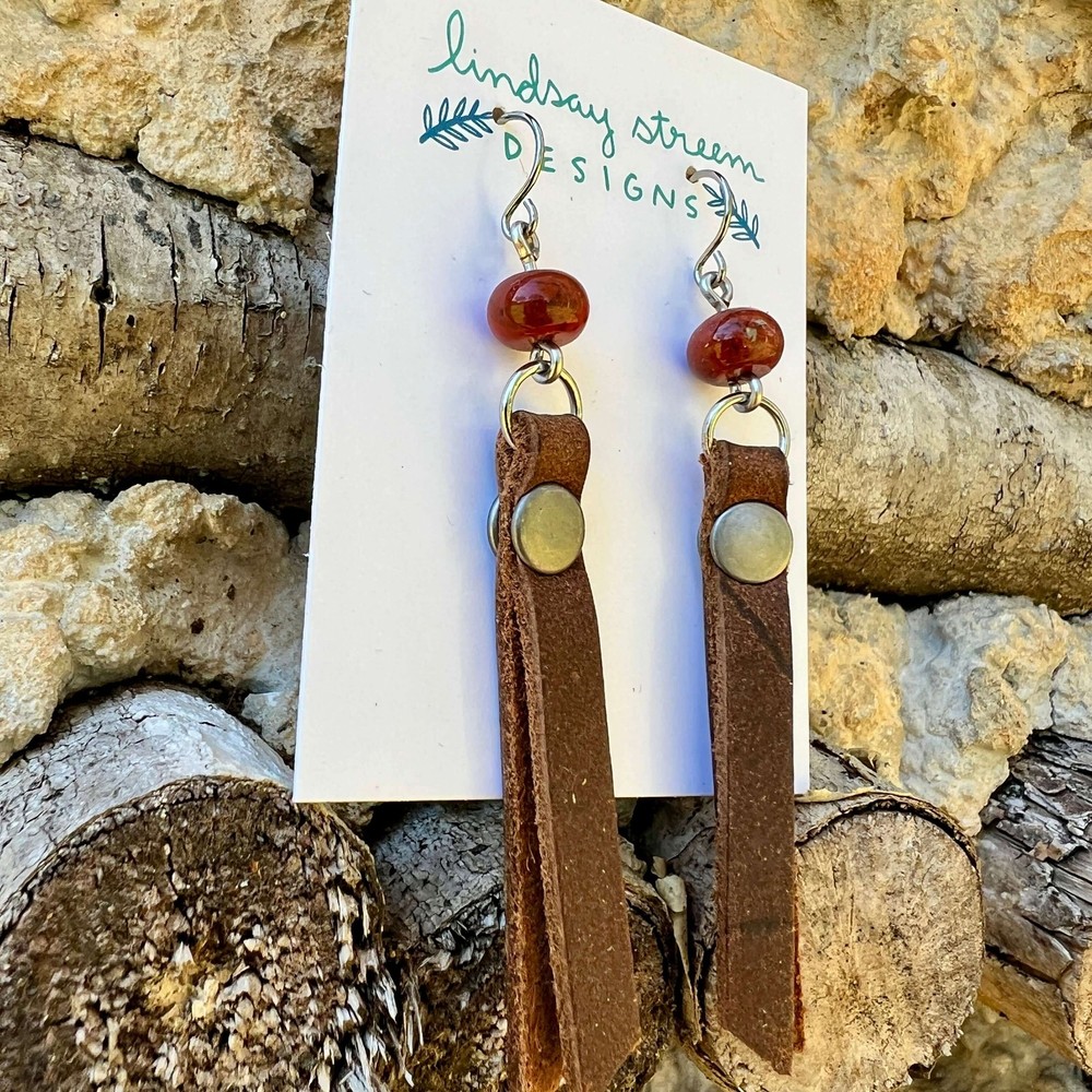 Leather Tassel Earrings – Rustic Brown with Red Jasper