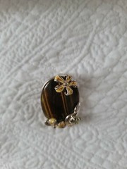 1970’s Tigers Eye Pendant in Sterling with Enamel Flowers & Gems