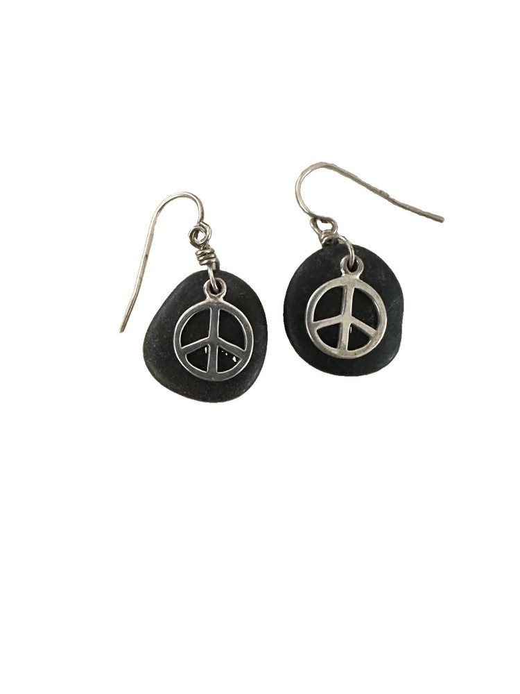 Handcrafted Minimalist Black River Stone And Silver Peace Symbol Earrings