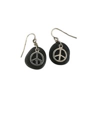 Handcrafted Minimalist Black River Stone And Silver Peace Symbol Earrings