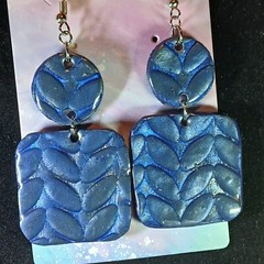 Navy Blue 2.5 Inch Square Shaped And Leaf Embossed Clay Earrings