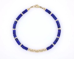 Solid 14K Gold Lapis Lazuli Heishi Bracelet, 4mm AAAA+ Heishi Rondelle Beads