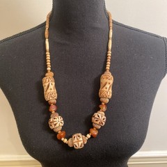 Long Faux Hand Carved African Animal Beaded Necklace Stone Chunky Statement