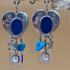 TABRA Signed Sterling 925 Crystal Lapis Lazuli Turquoise Heart Stars Earrings
