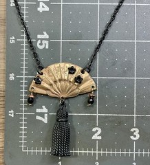 Asian style Necklace- Vintage Brass Fan, Black Acrylic Flowers & Tassel, 18”
