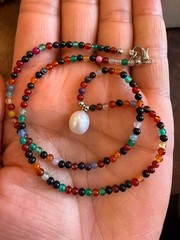 Handmade Mixed Natural Gemstone Necklace with Freshwater Pearl Pendant OOAK
