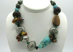 Boho Artisan Gemstone Clusters, Ceramic, Wood & Silver Tone Beaded Necklace 18″