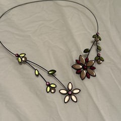 Kristina Collection Pink & White Flowers Black Memory Wire Necklace NWOT