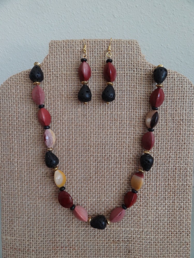 Australian Moukite, Black Lava Necklace and Dangle Earrings Set, Stone Necklace