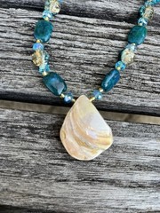 Shell Pendant Necklace ~ Chrysocolla Accents w/Mixed Glass & Blue Crystals 23″