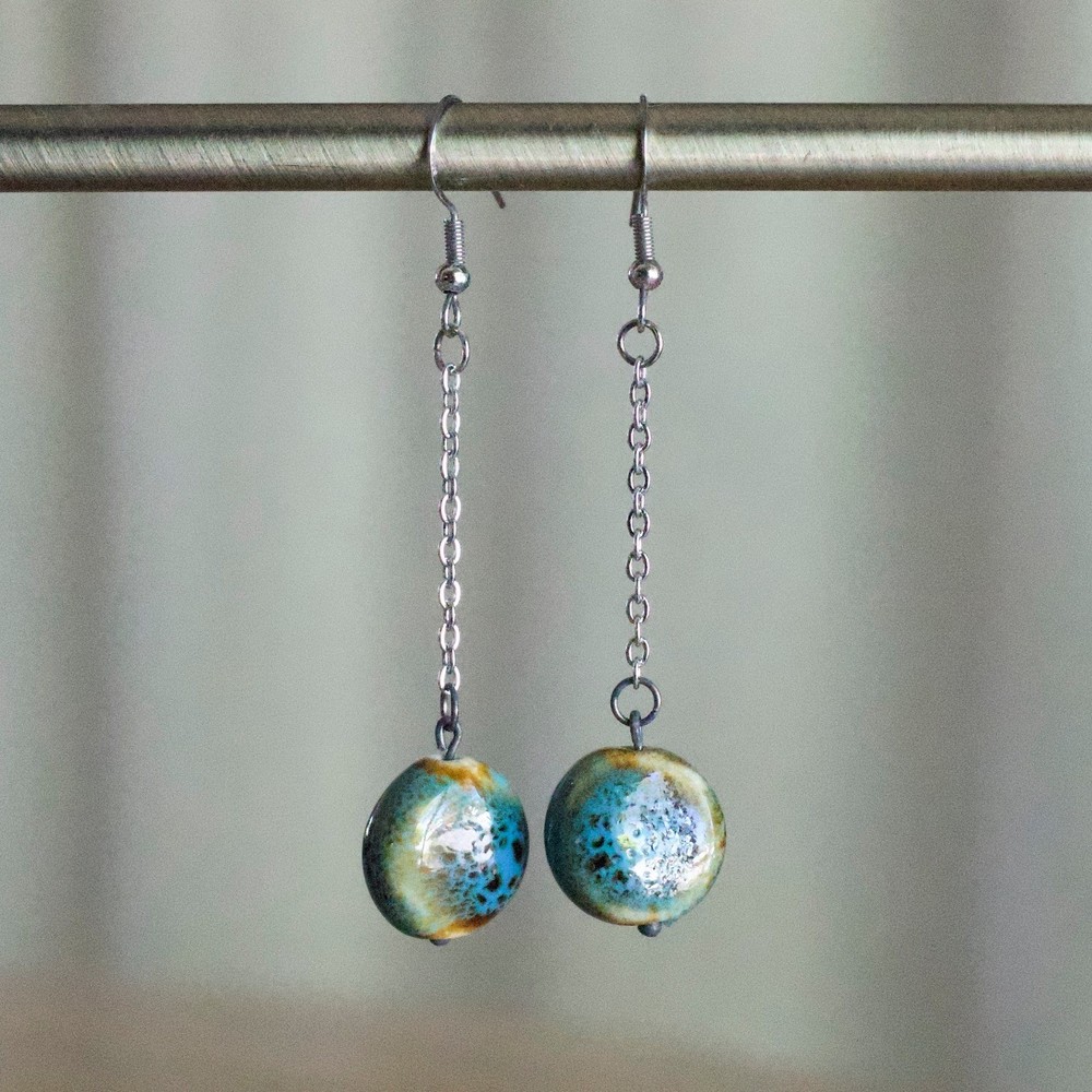 Handmade Blue Glazed Ceramic Bead Long Chain Dangle Earrings Boho Silver Tone