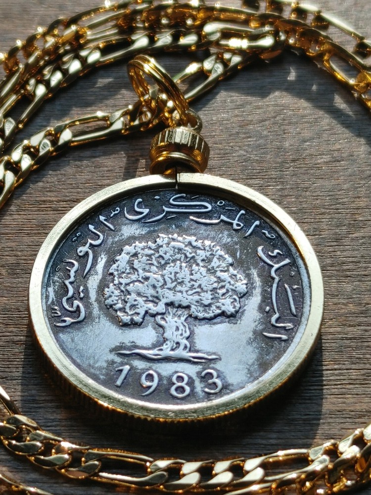 1983 Tunisia Scarce Olive Tree Millieme Coin Pendant on A 24″ 18KGF Chain.