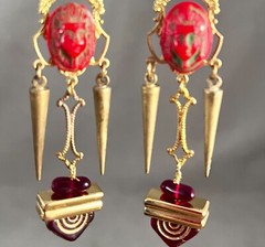 Handcrafted Egyptian Revival Earrings, Pharaoh, Tut, Czech Glass, Red, Gold