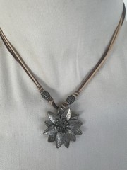 Metal Flower Pendant Necklace Pewter Color On Cords Handmade Boho Vintage