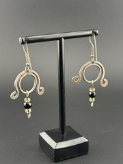 Artisan Sculptural Mixed Metal Black Yellow Glass Bead Dangle Earrings