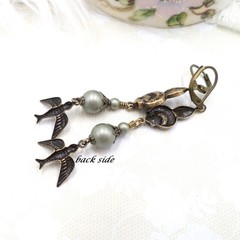 Brass Bird Earrings: Sage Green Pearl Floral Cottagecore Handmade Dangle Jewelry