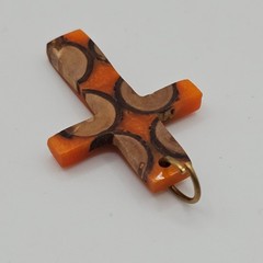 Handmade Resin & Wood Cross 1.5″ Necklace Pendant Charm Orange Christian Faith
