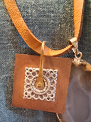Agate Slice Necklace Natural Brown With Copper & Silver Pendant Leather Cord