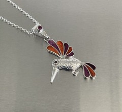 Peruvian Hummingbird Pendant Necklace PurpleOrange Inlay Spiny Oyster Shell 18″