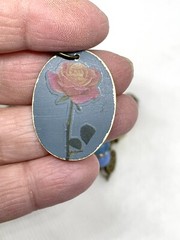 Aged Slate Blue Enamel Oval Pendant /pink Rose Beaded Chain Handmade