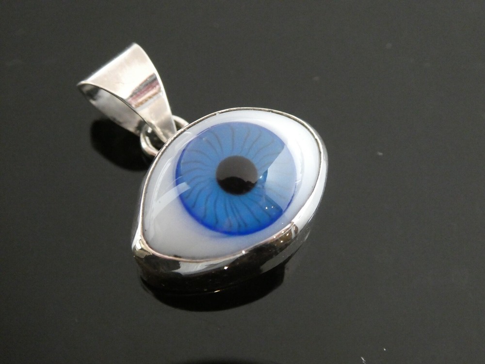 EVIL EYE Sterling Silver 925 Glass Protection Amulet Lucky Pendant Taxco Mexico
