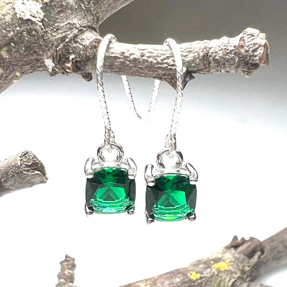 Lab Made Emerald Earrings Sterling Silver 925 , May Birthstone