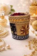 Wide Cuff Bracelet Gold Metallic Fabric Baroque Embellished Handmade OOAK 7-8