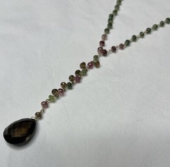 multicolored tourmaline beaded chain necklace with a smoky quartz drop pendant