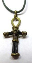 Brass Wire Wrapped Wooden Cross Pendant With Leather Cord