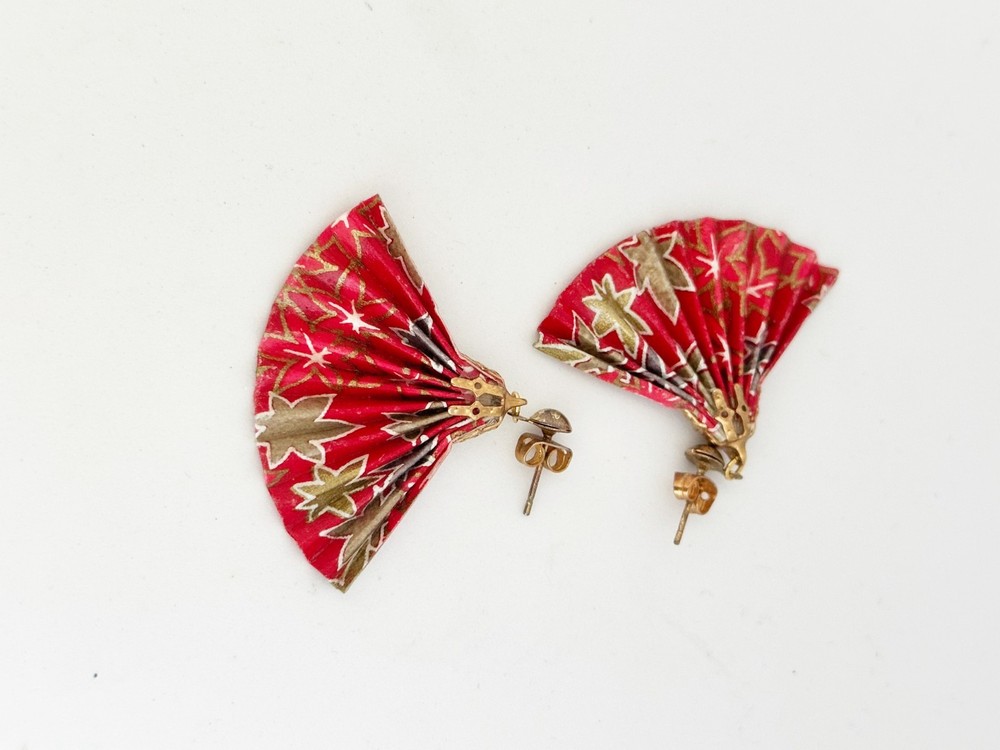 Vintage Japanese Fan Origami Earrings Washi Paper Red