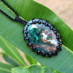Handmade Natural Azurite Malachite W/ Black Spinel Beads Boho Macrame Necklace