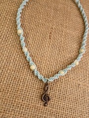 New Blue Hemp Necklace W/ Bronze Music Charm & White Beads 15 in Macrame