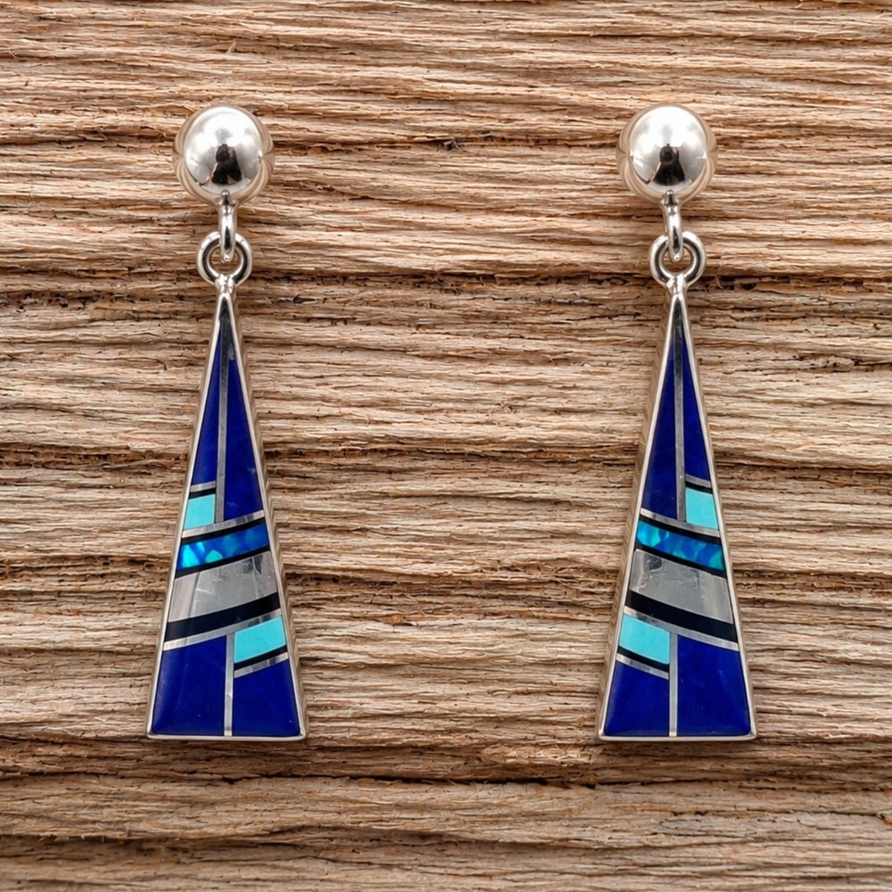 Signed Steve Francisco Native American Sterling Silver Lapis Inlay Stud Earrings