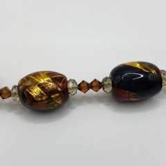 Murano Style Art Glass Bracelet Black Brown Gold Sparkle Accents Beads