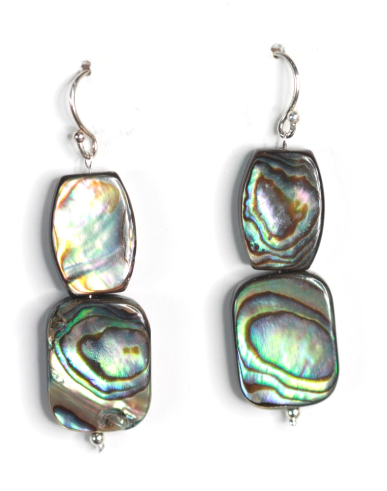 Abalone Paua Shell Earrings 925 Sterling Silver Iridescent 1 3/4″ Rectangle