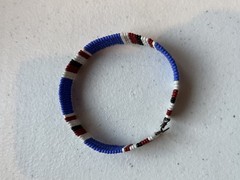 handmade blue, red, white seed bead bangle bracelet, hook closure