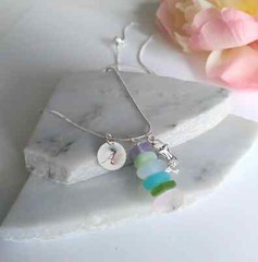 Sea Glass Stacked Necklace, Dainty Silver Layering Necklace, Personalized Gift F