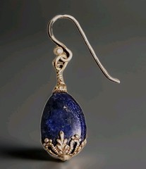 Lapis Lazuli Gemstone Earrings Silver Filigree Floral .925 French Shepherd Hooks