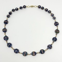 Vintage Murano Italian Wedding Cake Glass Bead Necklace Pink Floral Blue Gold