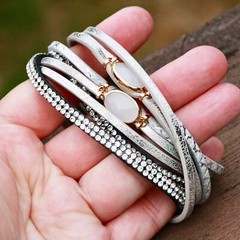 Light Gray Black Leather White Chalcedony Quartz Wrap Bracelet Magnetic Clasp